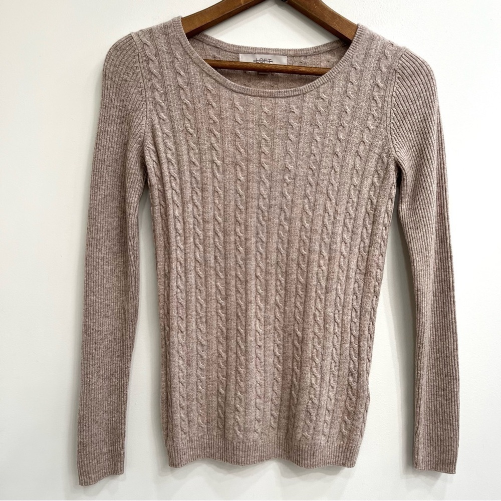 LOFT 100% cashmere tan cable knit sweater crewneck ribbed lightweight medium